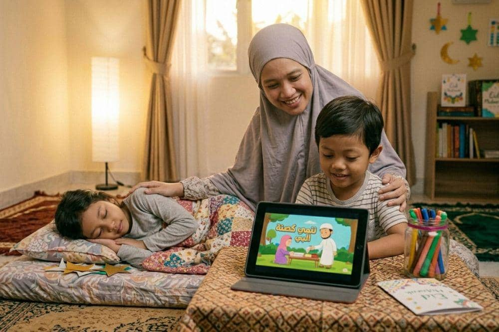Ibu menemani anak tidur dan bermain