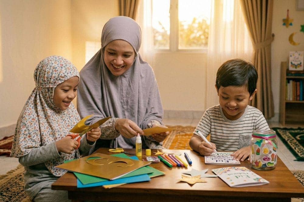 Anak dan ibu membuat prakarya Ramadan