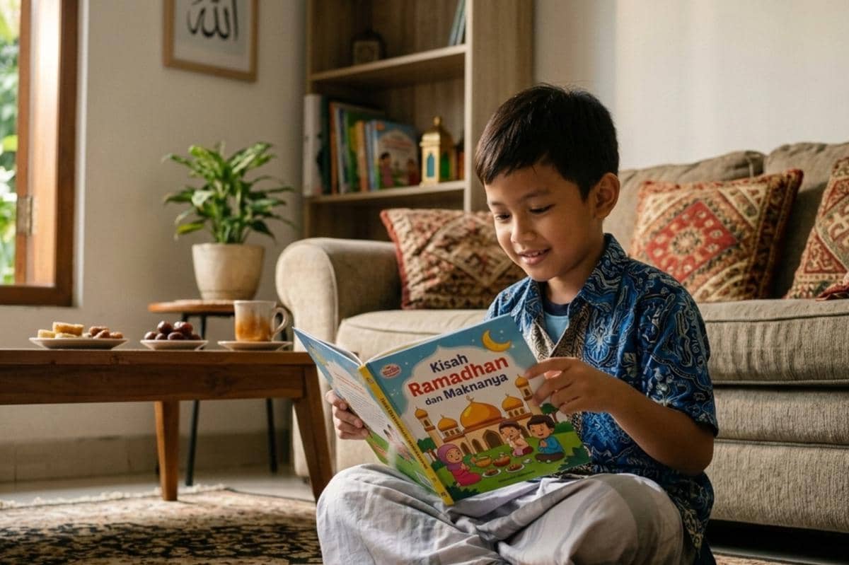 anak sedang membaca buku bertema Ramadhan