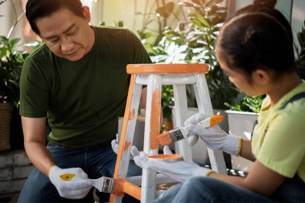 Anak dan Papa sedang mengecat bangku