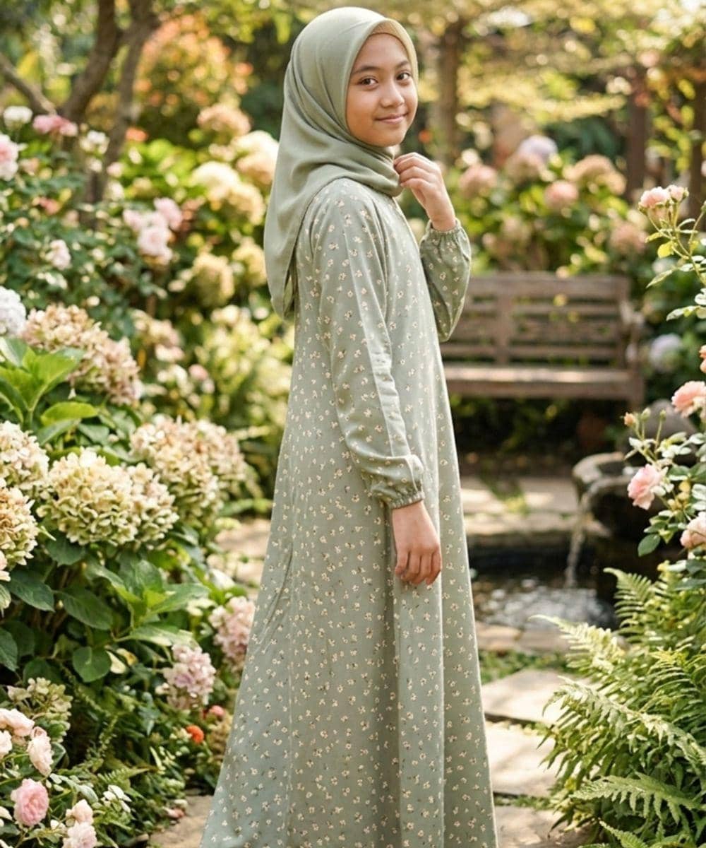 Gamis motif bunga kecil warna hijau sage