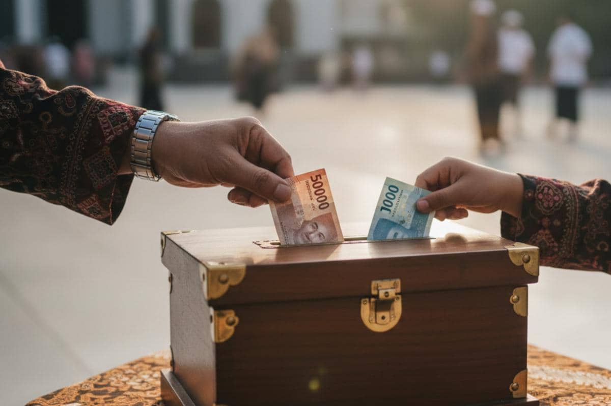 orang sedang memasukan uang ke kotak amal