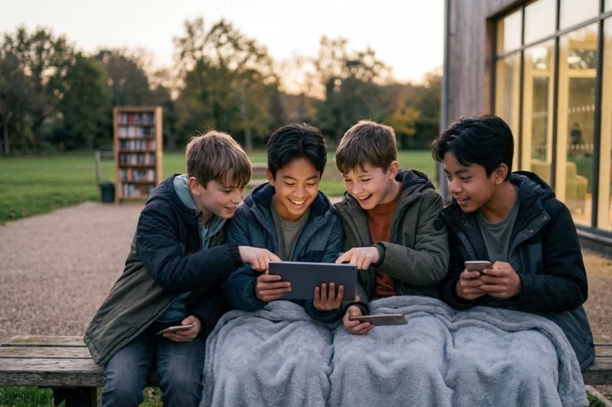 sekumpulan anak bermain gawai di lapangan