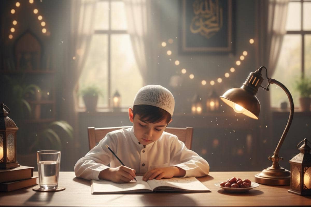 anak sedang menulis saat Ramadan