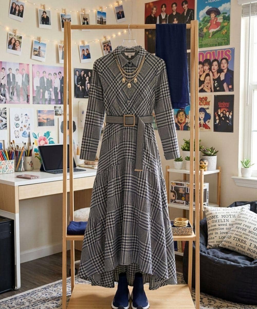 Gamis gingham dengan belt
