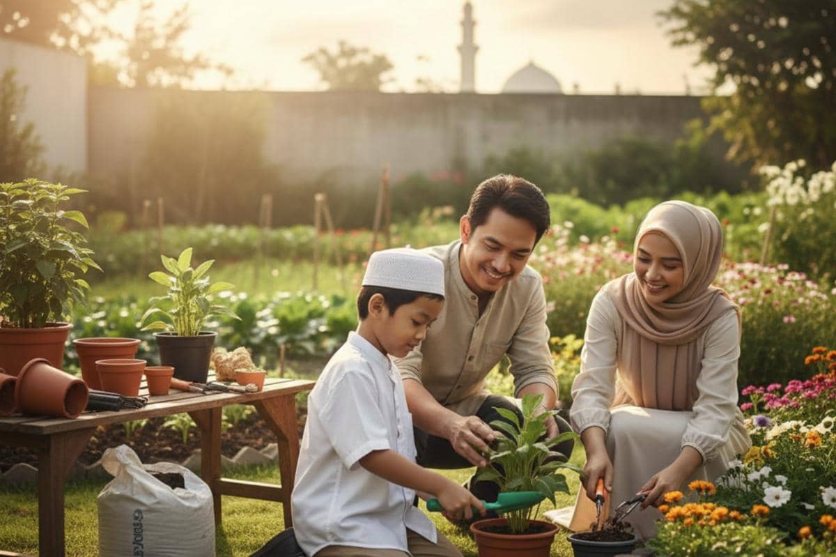 anak dan orangtua sedang berkebun