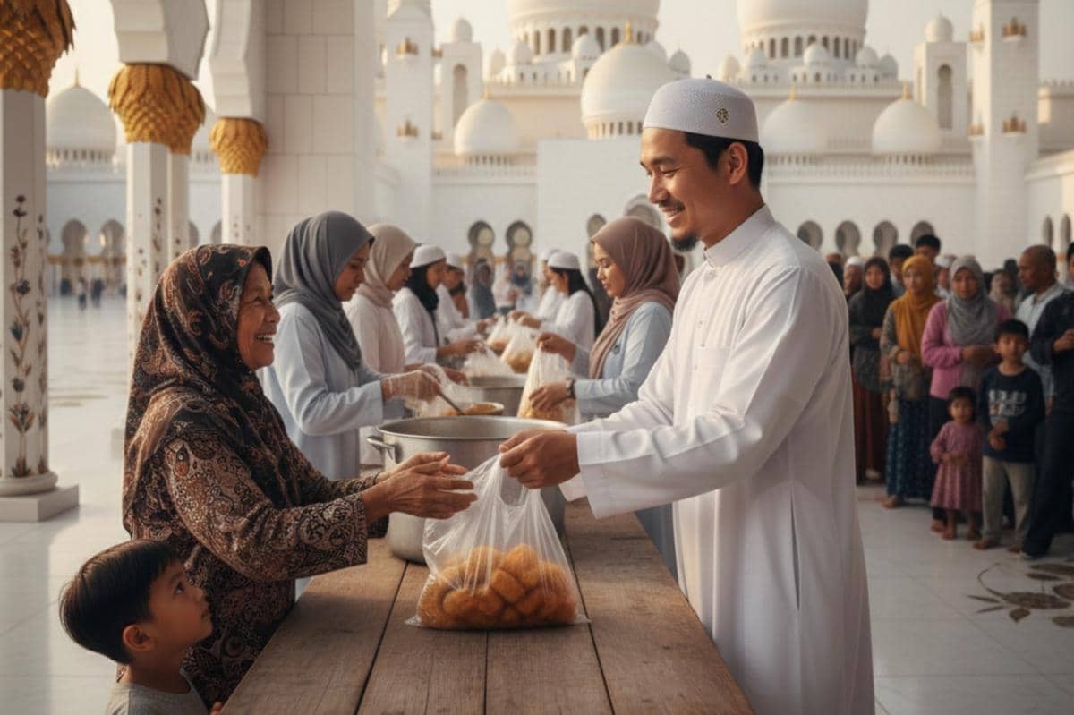 umat muslim sedang memberikan sedekah
