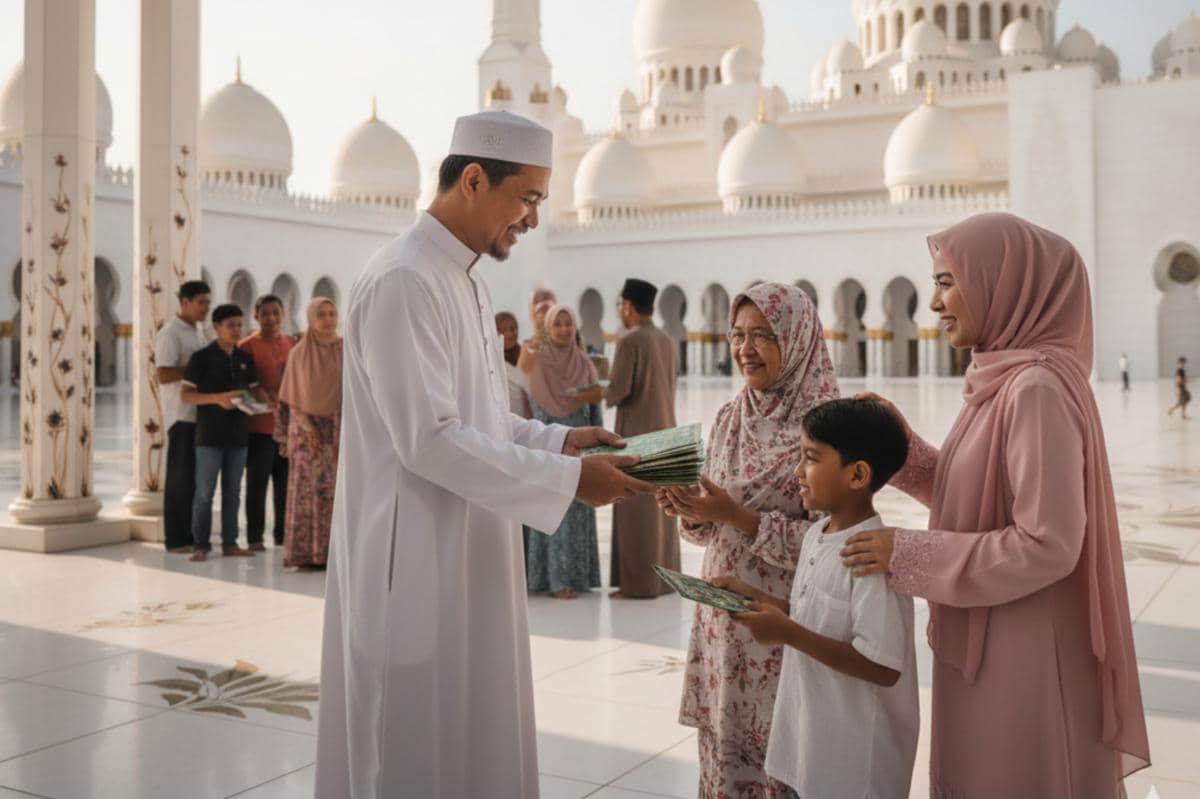 orang memberikan infak di depan Masjid
