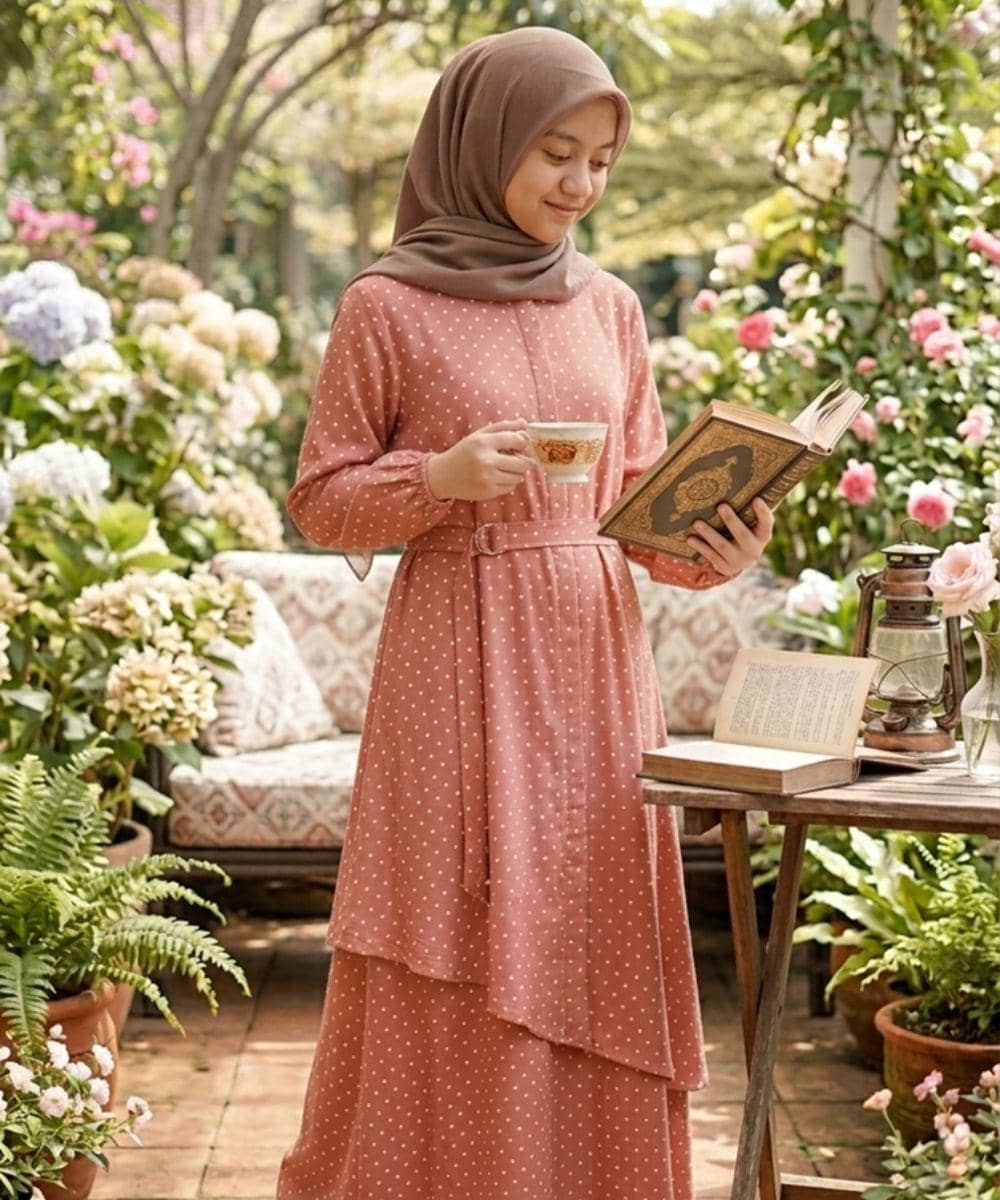. Gamis polkadot dengan pita di pinggang