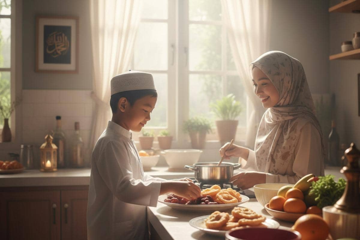 anak dan orangtua sedang membuat menu berbuka