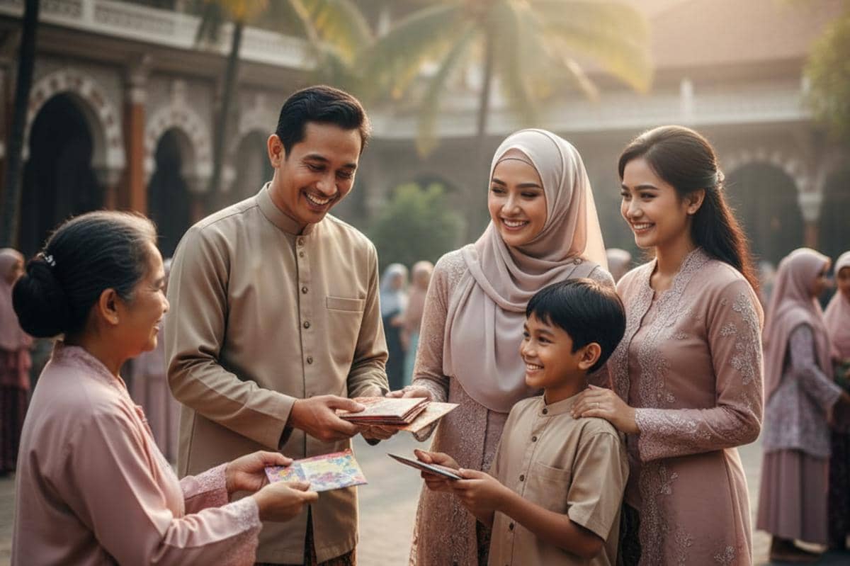 orang sedang membagikan infak di depan Masjid