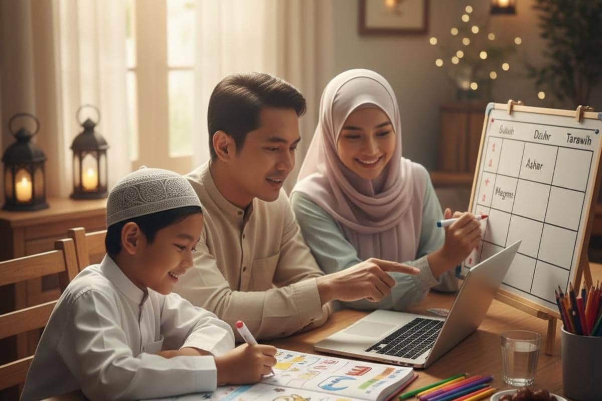 orangtua dan anak sedang membuat jadwal bersama