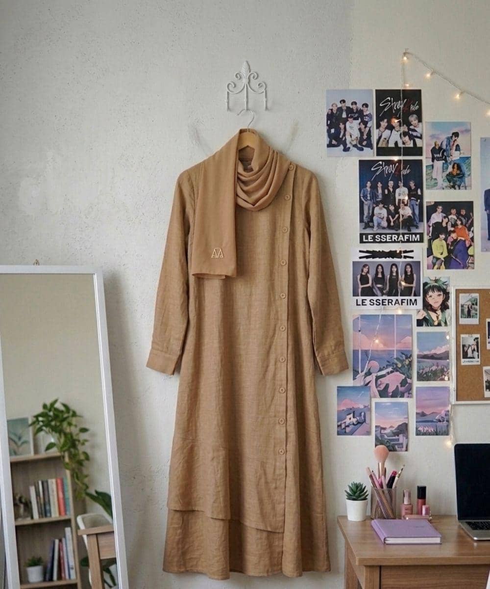 Gamis linen dengan kancing samping