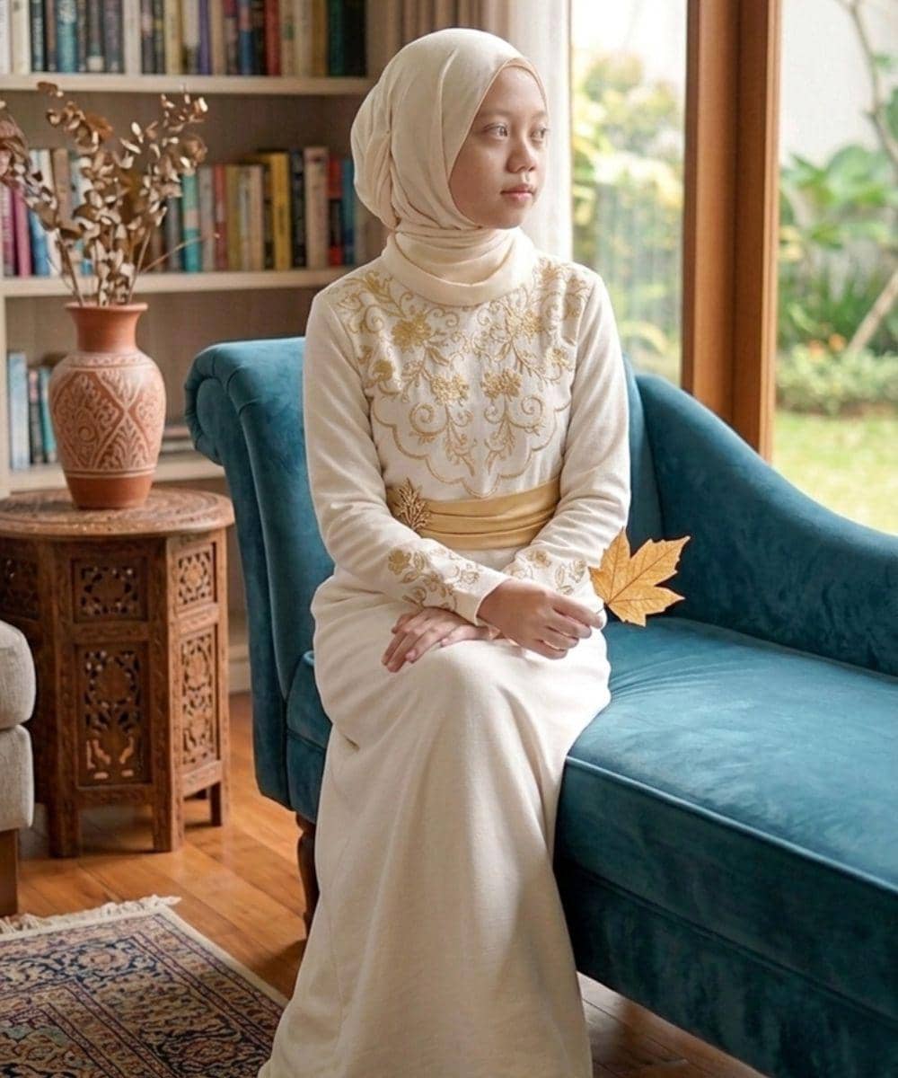 Gamis bordir bunga di bagian dada