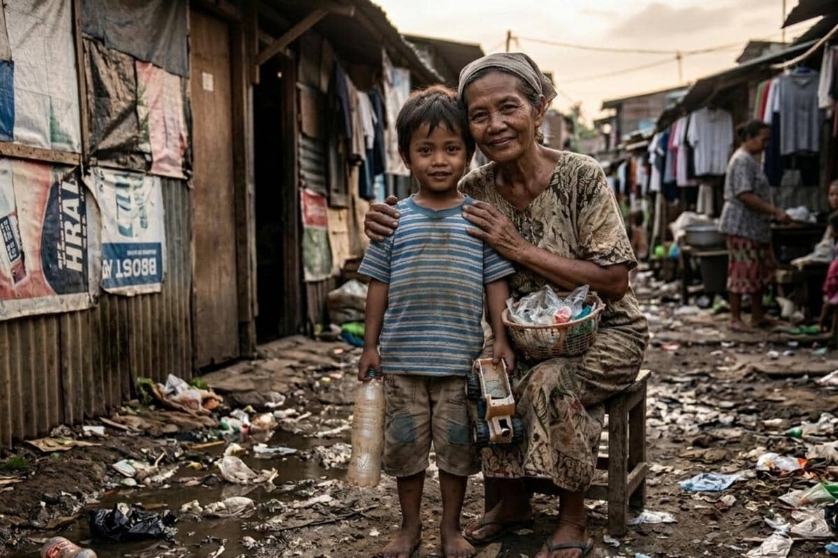 anak dan nenek di wilayah kumuh bersama