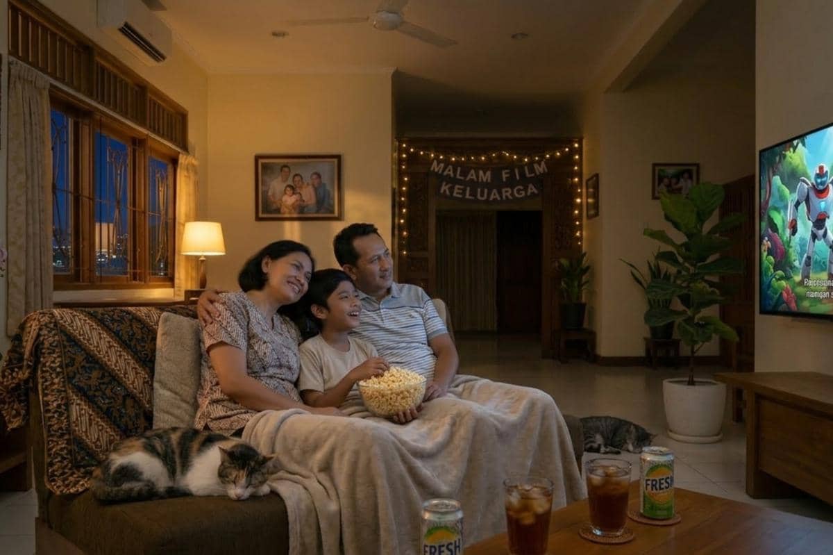 orangtua dan anak sedang menonton film bersama