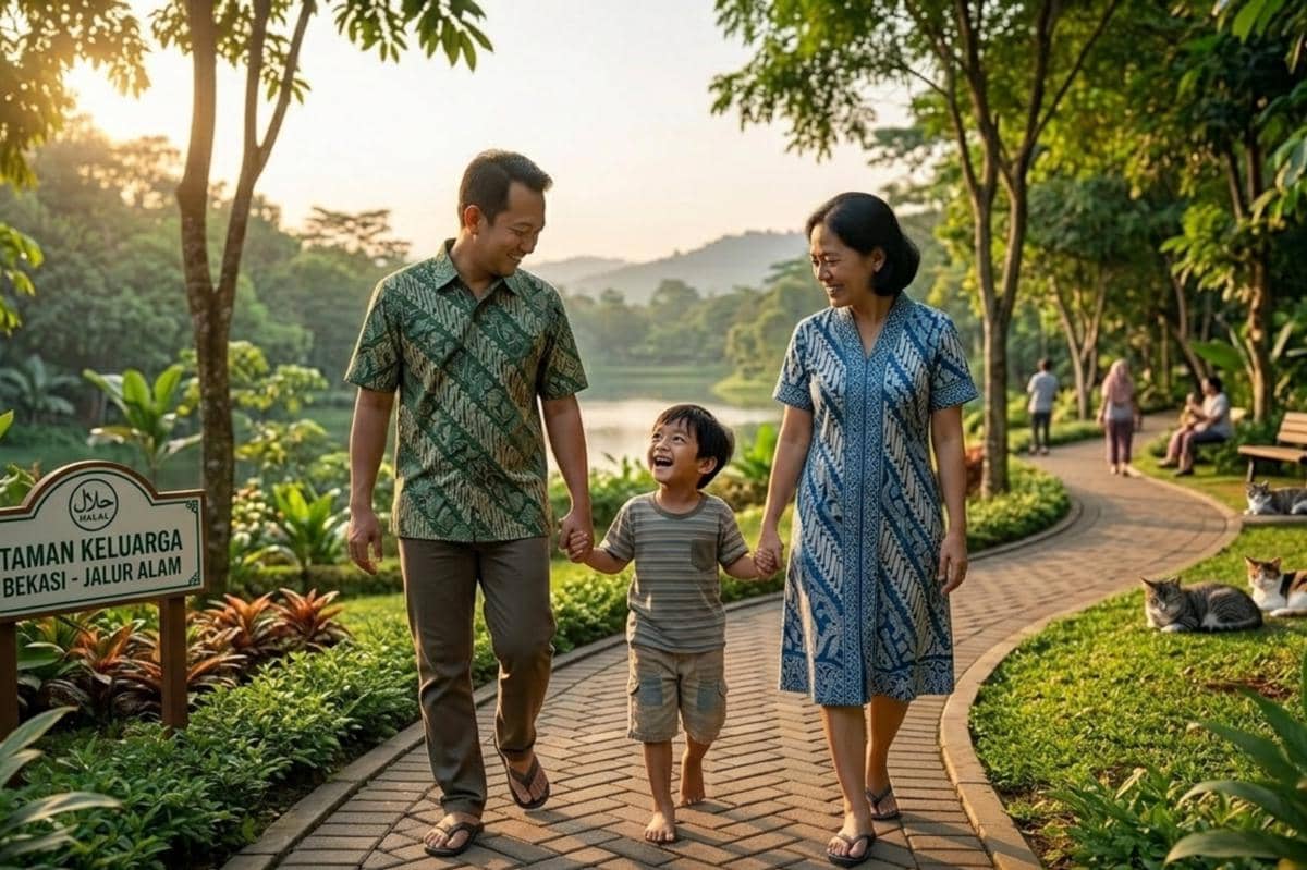 anak dan orangtua sedang jalan bersama di taman