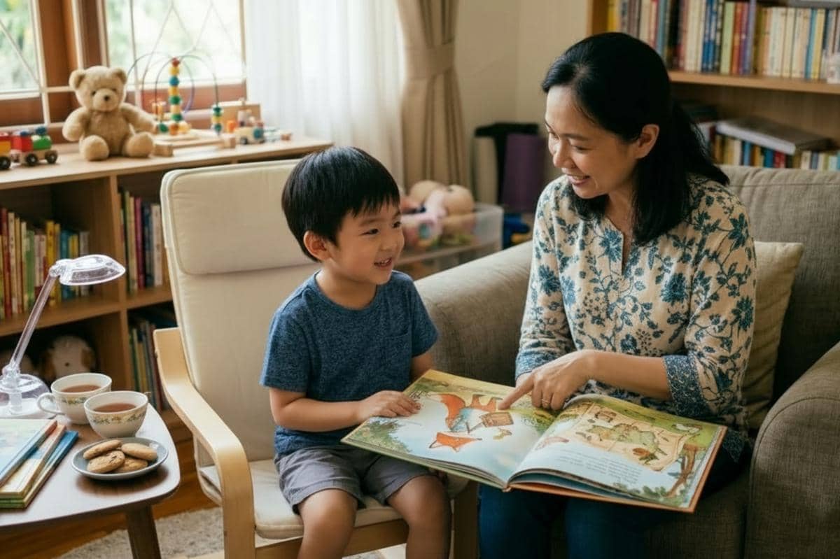 anak dan ibu sedang membaca buku cerita bersama