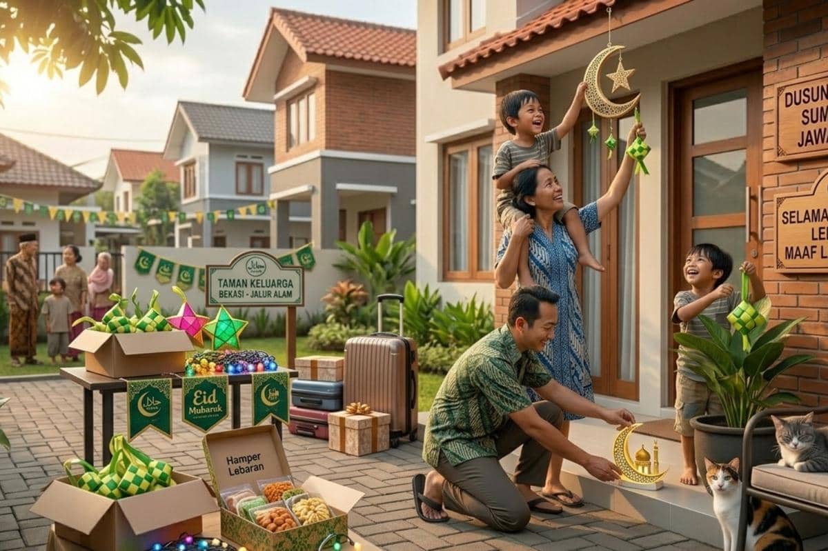 orangtua dan anak sedang menghiasi rumah bersama