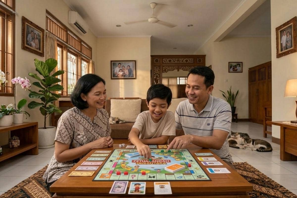 orangtua dan anak sedang bermain ular tangga di rumah