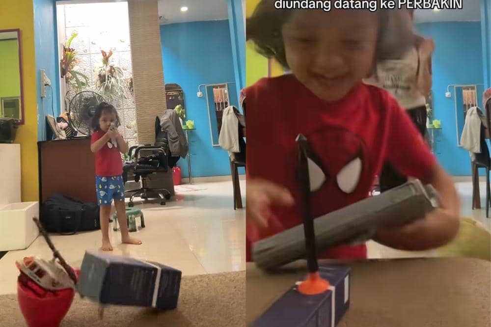 Khairaff 3 tahun sedang latihan menembak di rumah