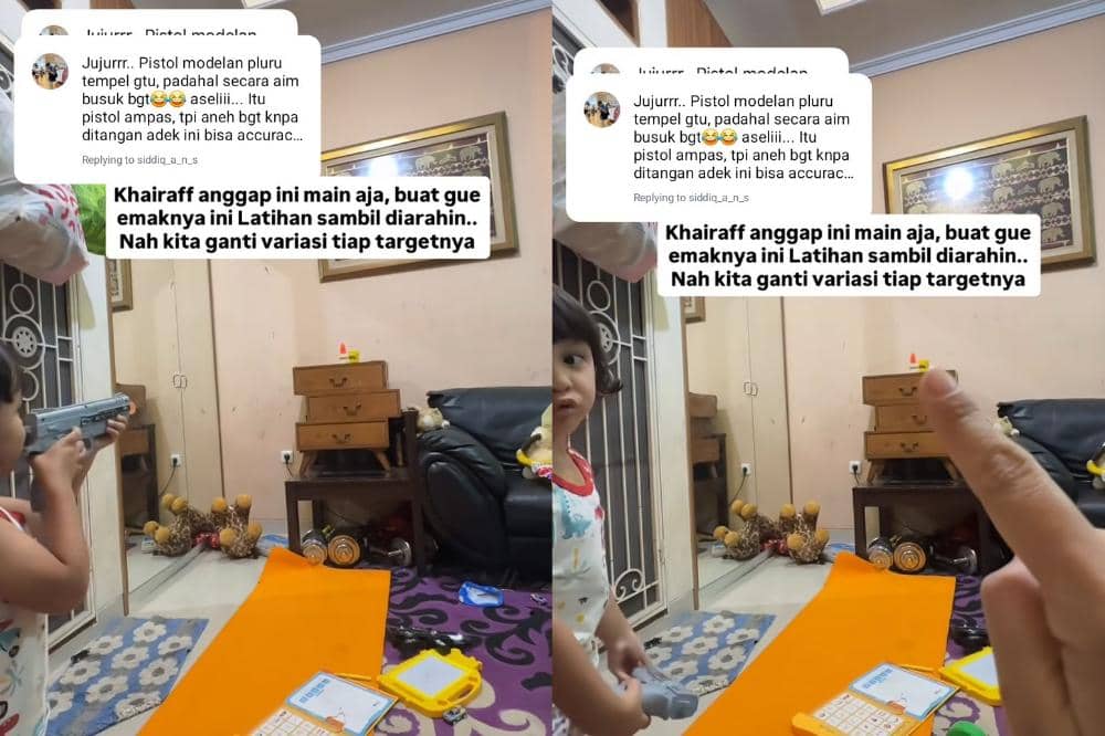 Khairaff 3 tahun sedang latihan menembak di rumah