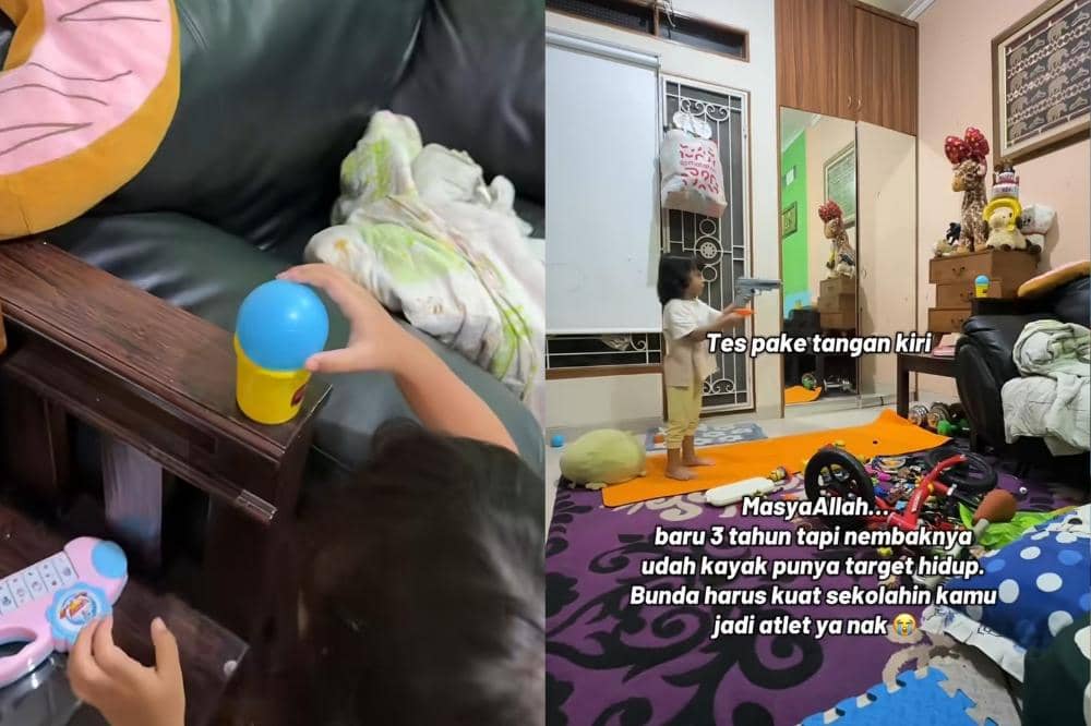 Khairaff 3 tahun sedang latihan menembak di rumah