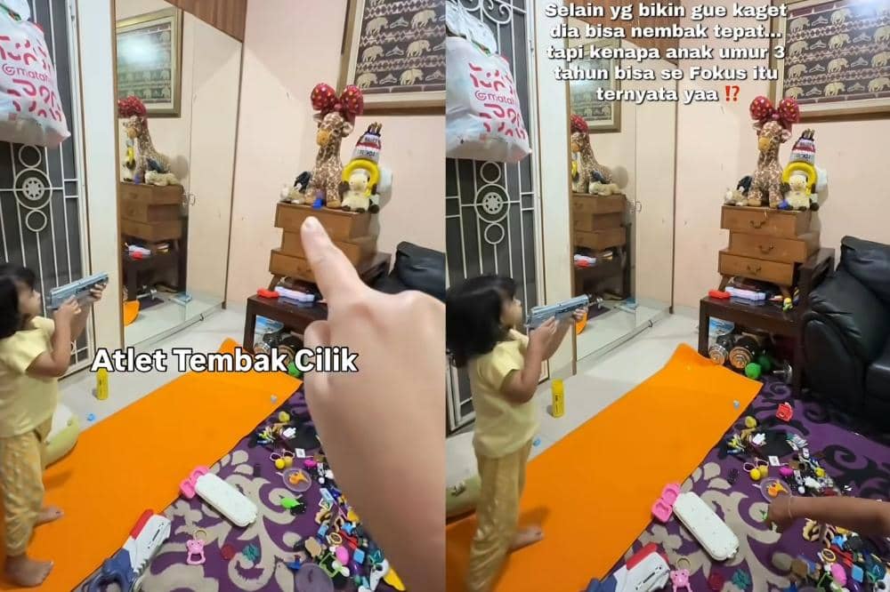 Khairaff 3 tahun sedang latihan menembak di rumah