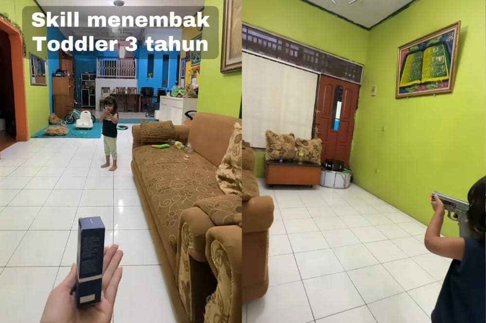Khairaff 3 tahun sedang latihan menembak di rumah