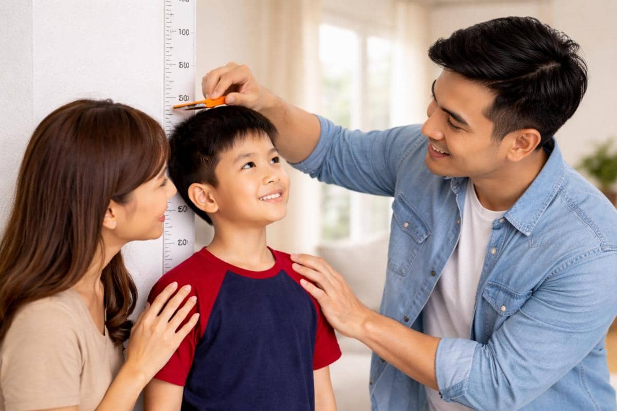 orangtua sedang mengukur tinggi badan anak