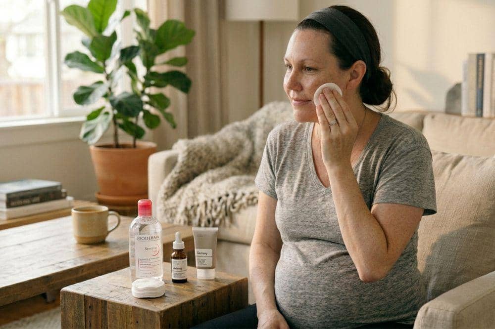 membersihkan debu di wajah ibu hamil