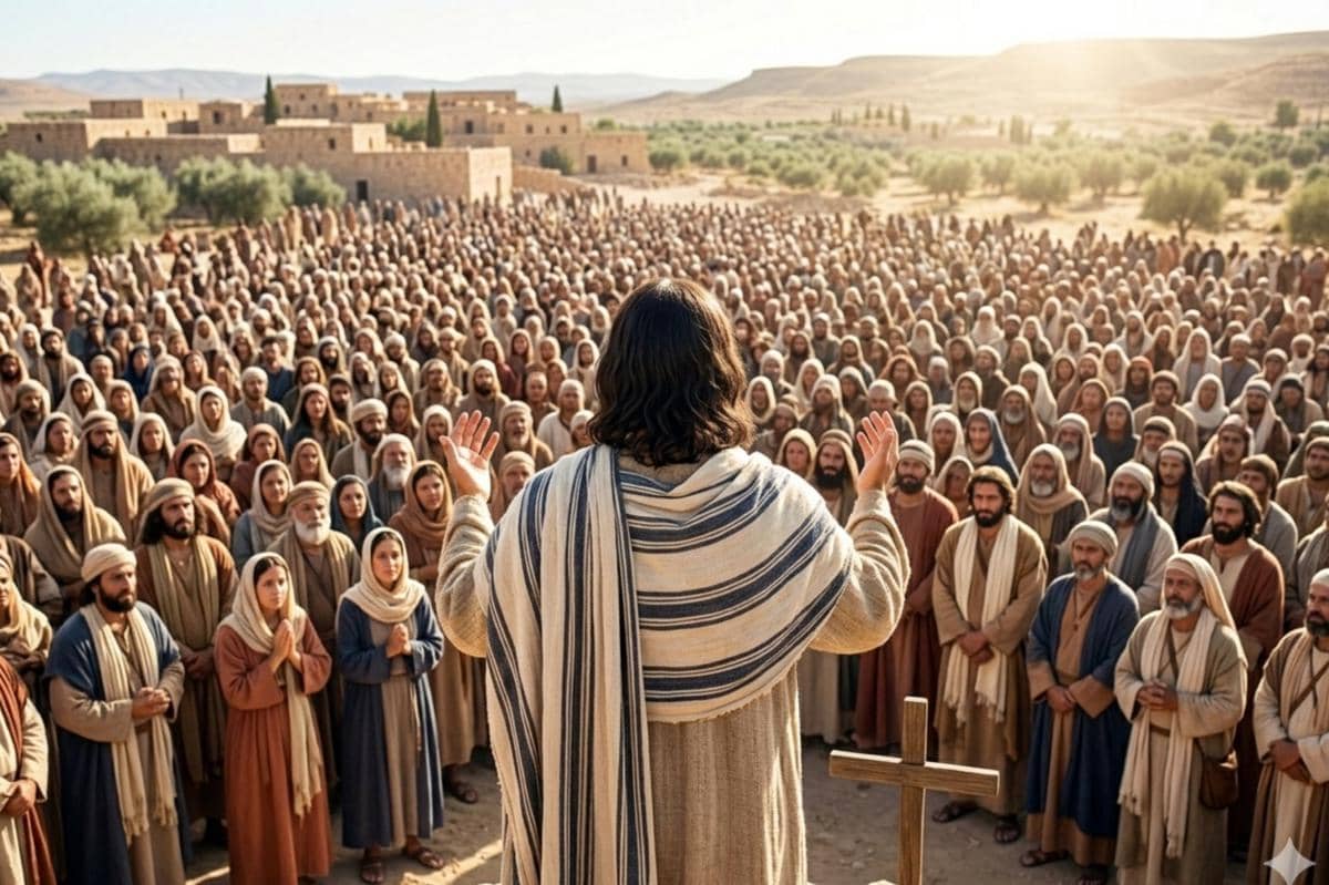 ilustrasi Isa Almasih berbicara di depan banyak orang