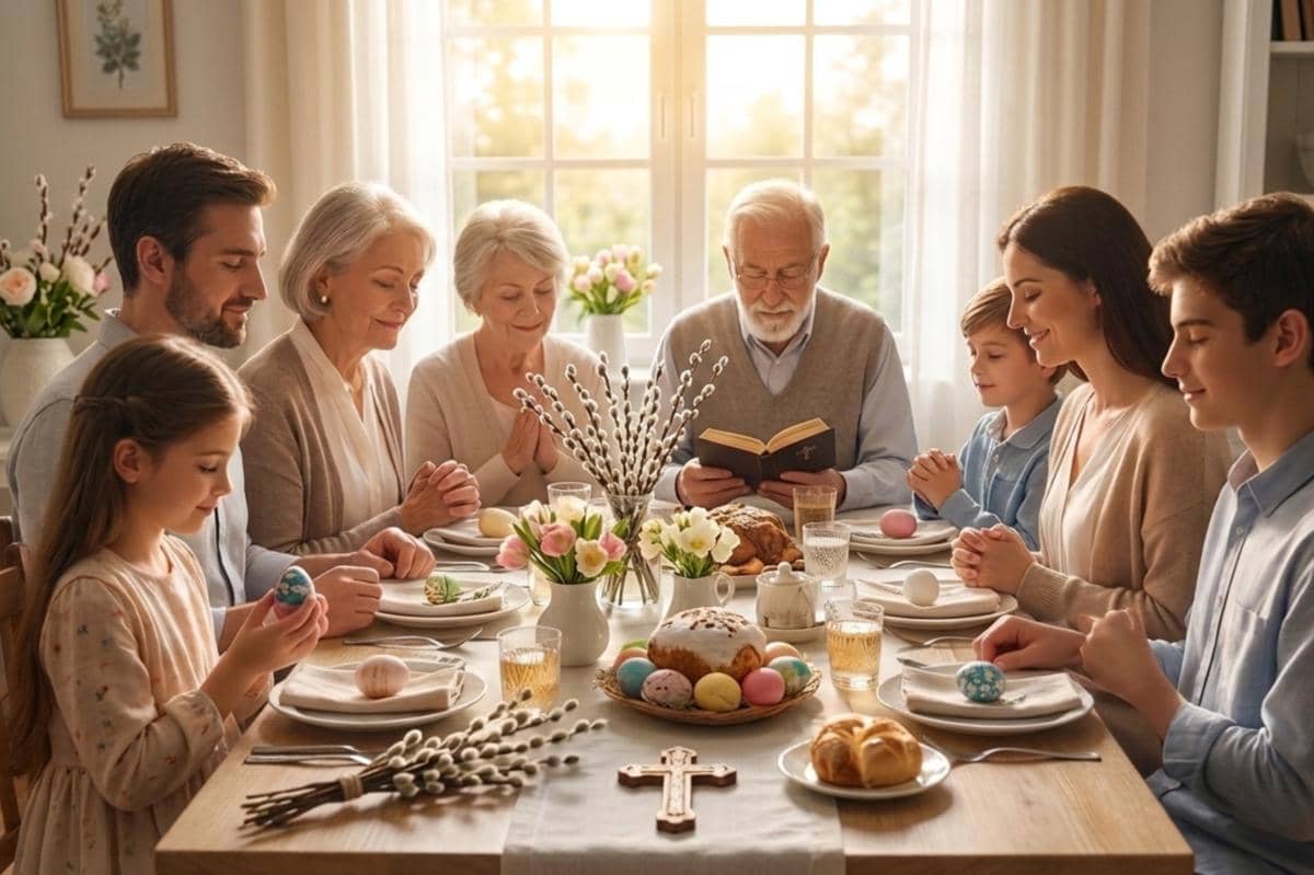 sekumpulan keluarga makan bersama di meja makan