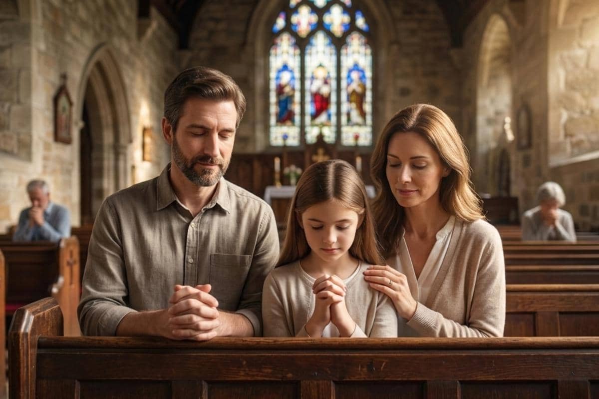 gambar orangtua dan anak sedang beribadah