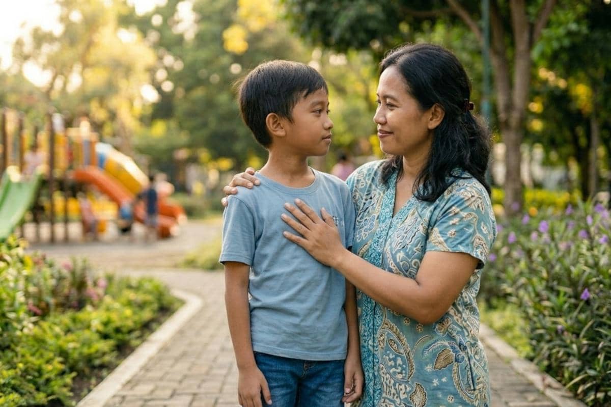 anak dan ibu bersama di taman bermain