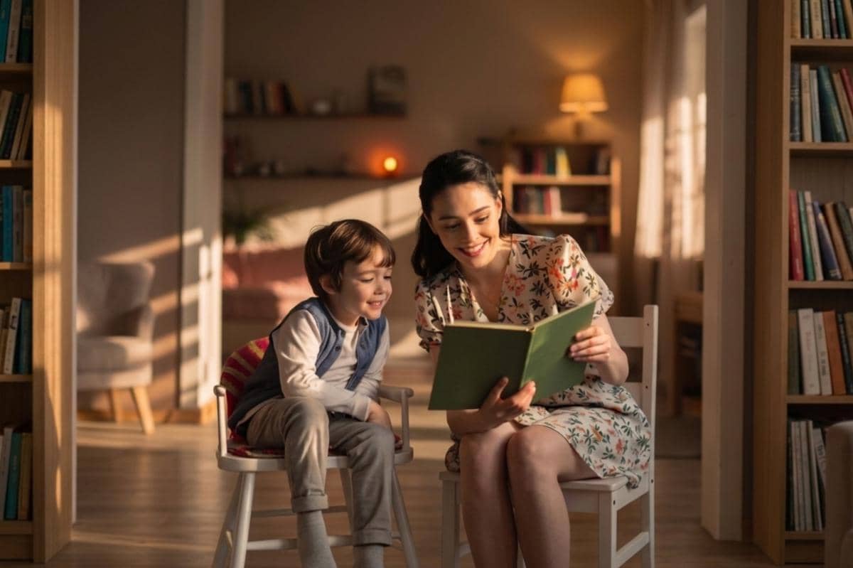 ibu dan anak sedang membaca buku di perpustakaan