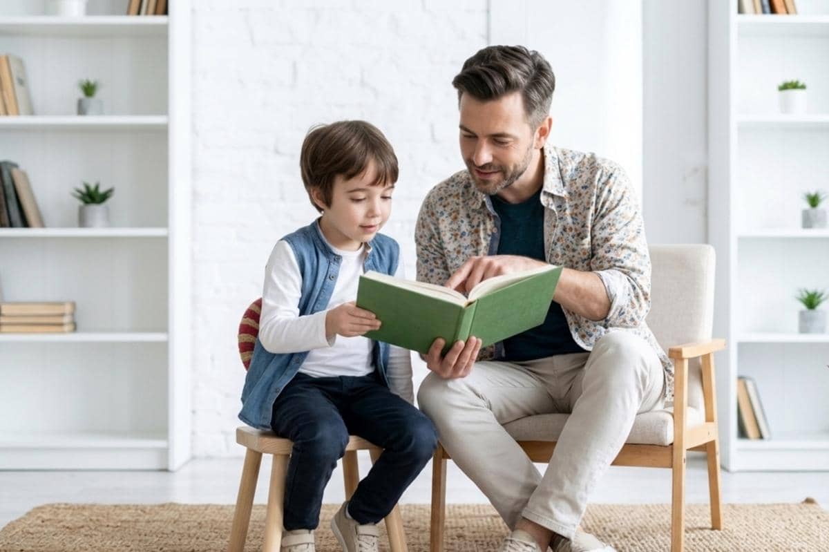 ayah dan anak sedang membaca buku bersama di rumah
