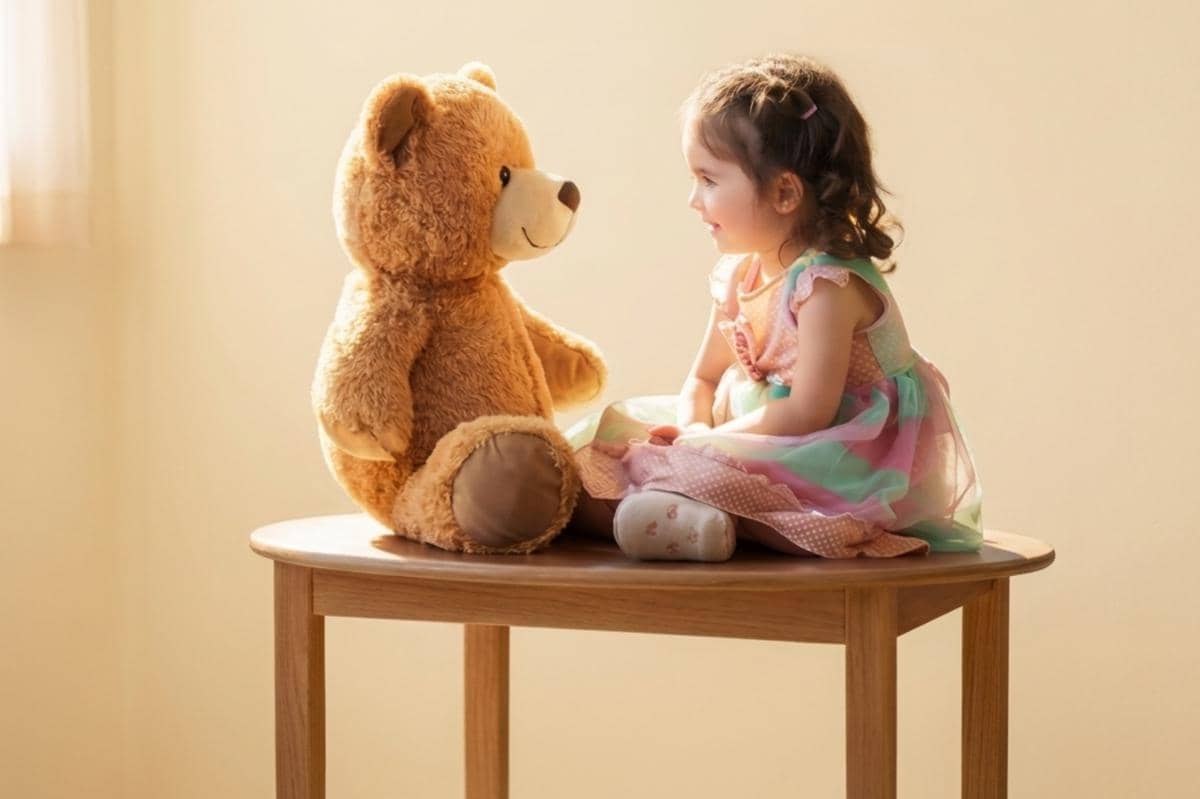 gambar anak sedang berbicara dengan boneka Teddy Bear