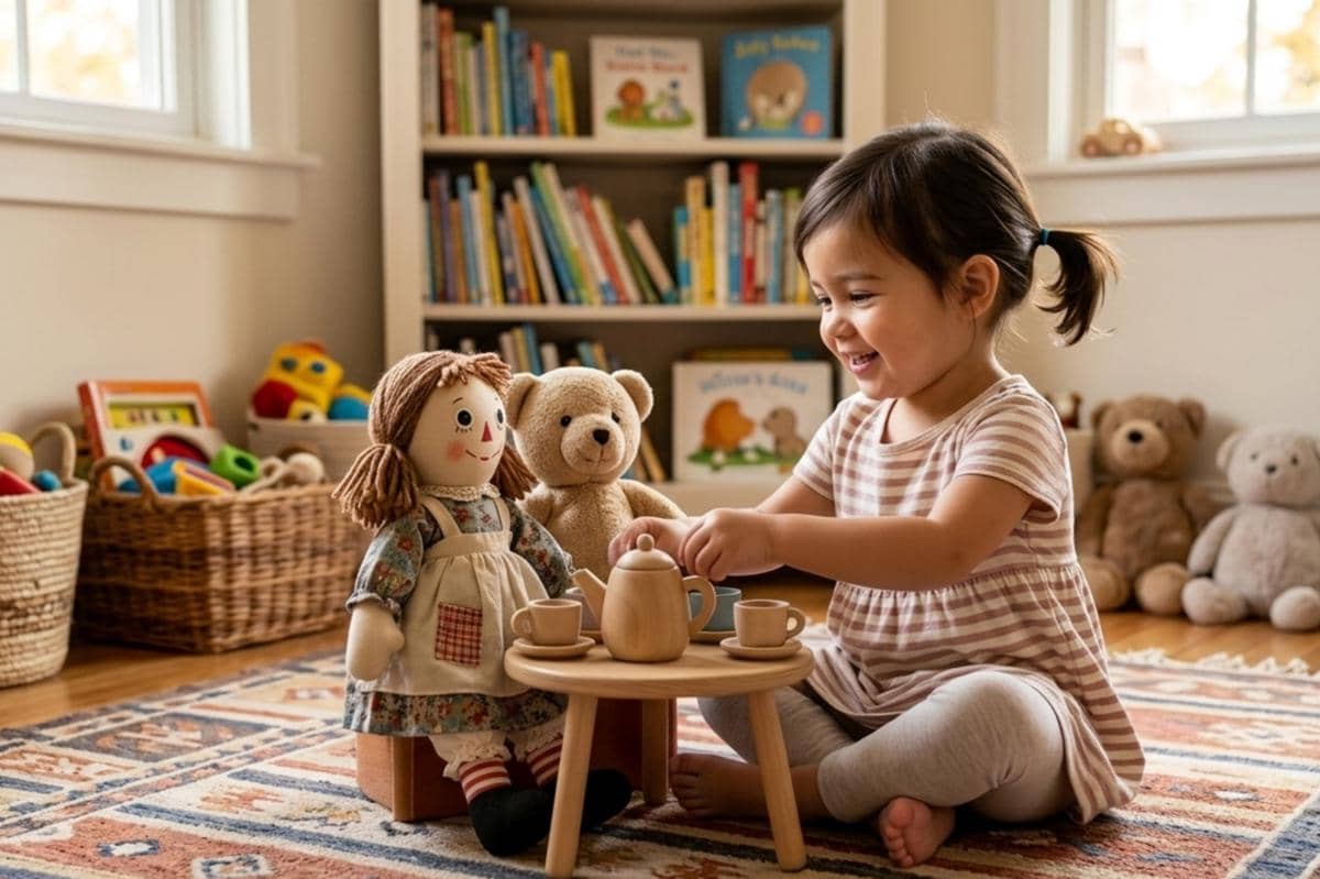 anak perempuan sedang bermain dengan boneka