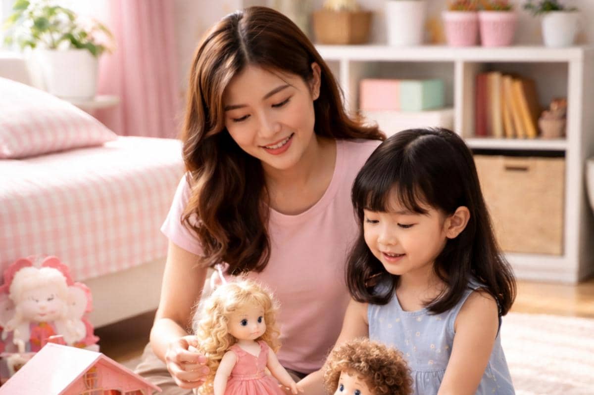 gambar ibu dan anak sedang bermain boneka bersama