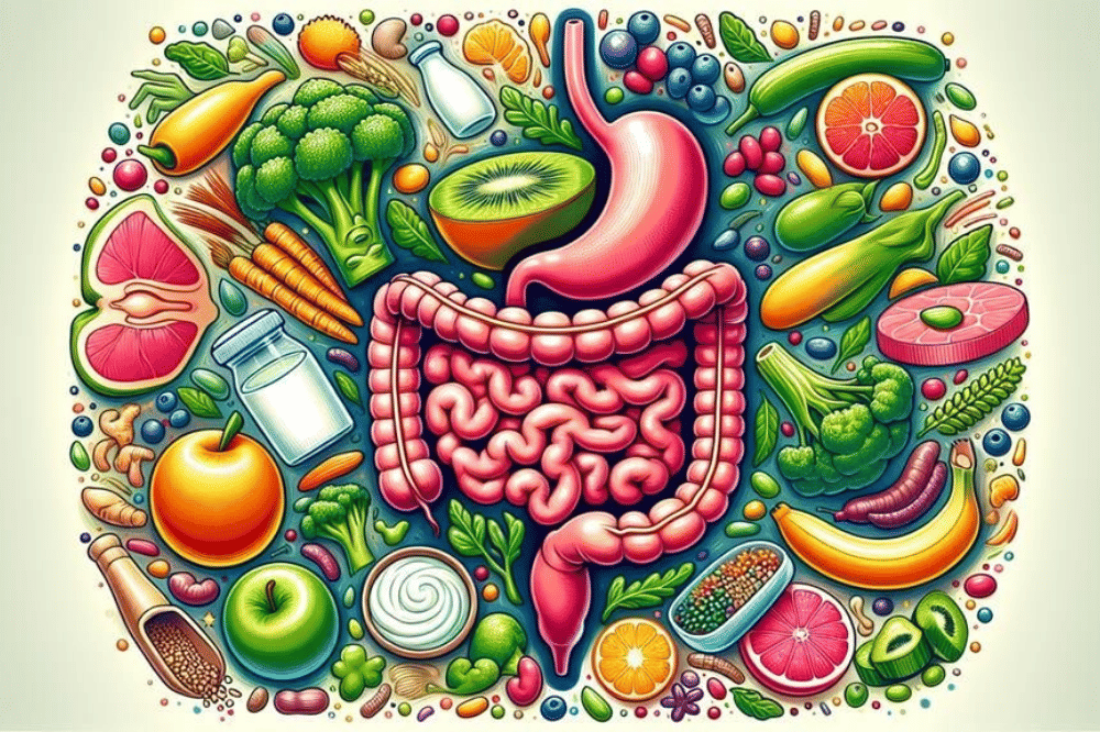 Ilustrasi sistem pencernaan yang dikelilingi makanan sehat 