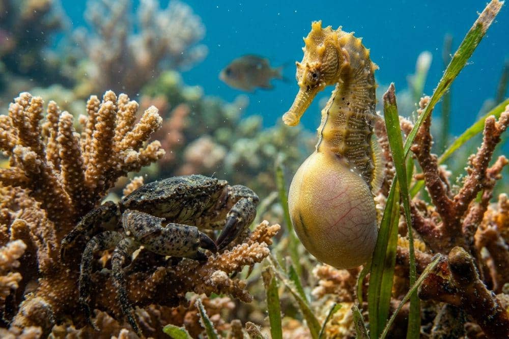 Kuda laut jantan melindungi dari predator