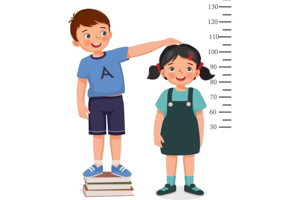 Ilustrasi dua orang anak yang sedang membandingkan tinggi badan 