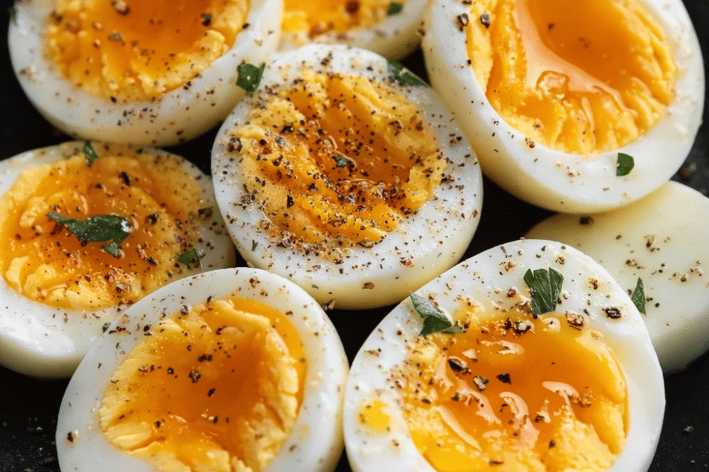 Telur rebus setengah matang yang dibelah dua