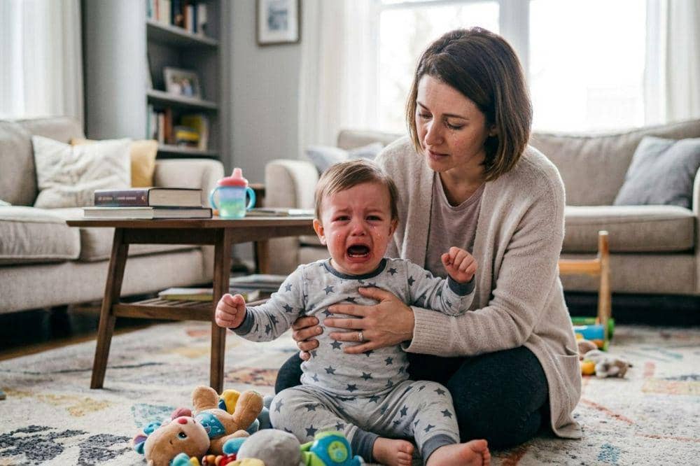 Seorang ibu menenangkan anak balitanya yang menangis di ruang tamu dengan mainan berserakan di lantai dan suasana rumah yang hangat.