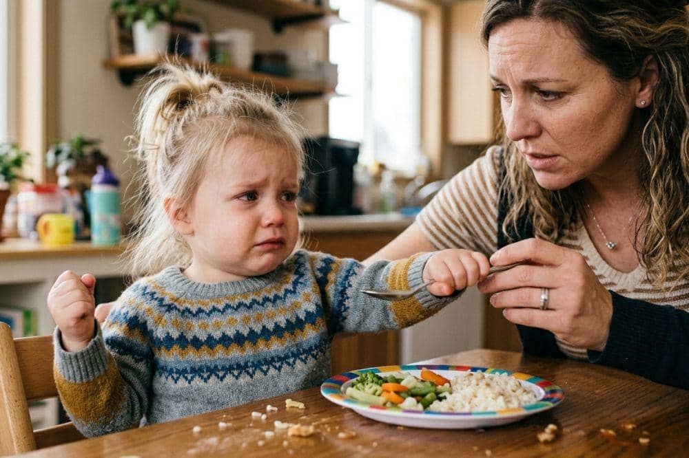 Anak kecil menangis saat duduk di meja makan bersama seorang wanita yang mencoba menyuapinya dengan makanan sehat di piring warna-warni.