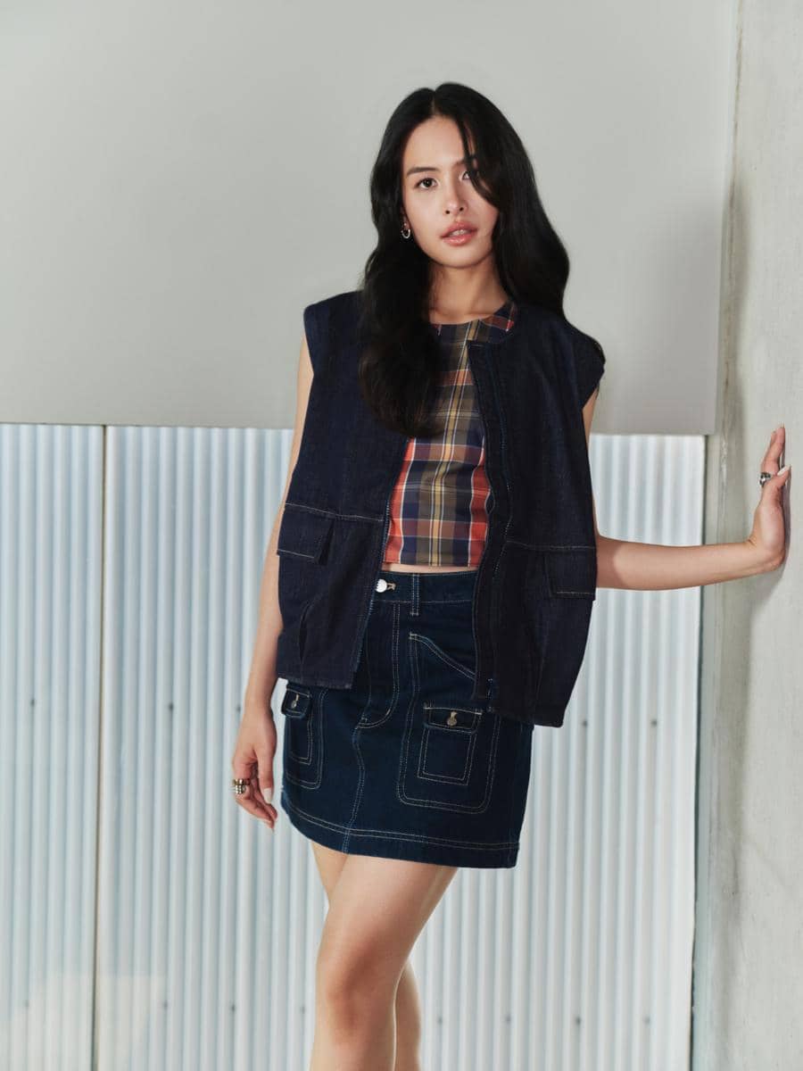 Foto 4. (Maudy's Picks) Top - Contrast Stitch Denim Multi-way Oversized Vest dan Multi-way Checkered Cotton Relaxed Top  Bottoms - Contrast Stitch Denim A-Line Mini Skirt.jpg