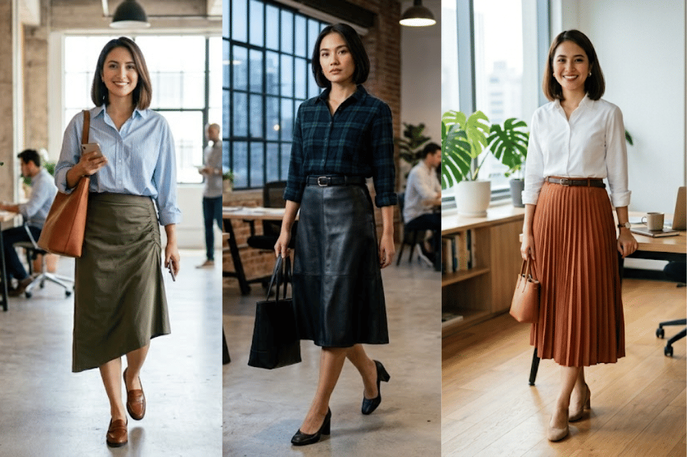 Cara Kombinasi Atasan Kemeja dengan Midi Skirt untuk Kerja