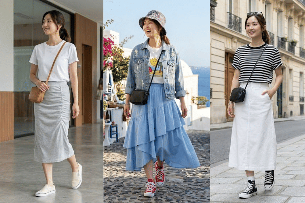 7 Inspirasi Midi Skirt dan Sneakers untuk OOTD