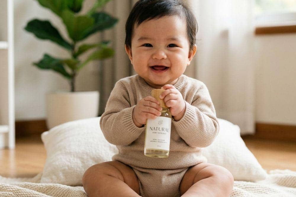 Bayi tersenyum duduk di atas bantal sambil memegang botol lotion bayi berlabel natural.